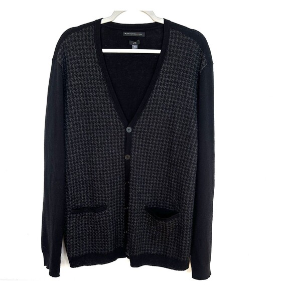 John Varvatos U.S.A. Luxe Mens Houndstooth Cardigan Sweater Sz L V-Neck Preppy - Picture 1 of 5